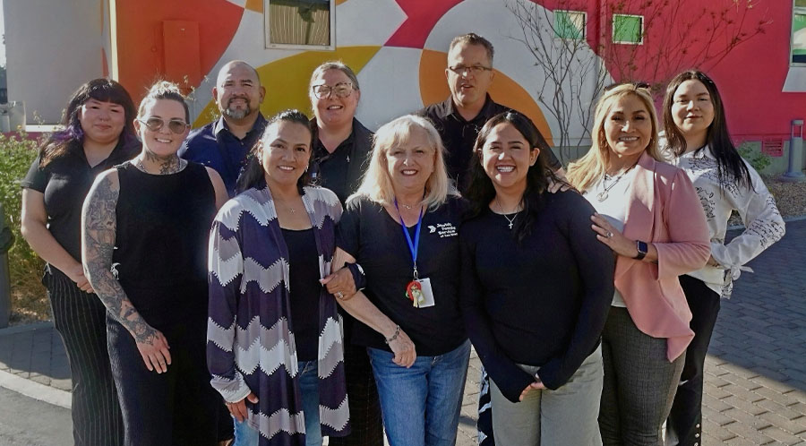 Palm Springs ERF Teamwork makes the dream work. Martha’s Village and Kitchen and Jewish Family Services’ Case Managers in front of Palm Springs’ Navigation Center